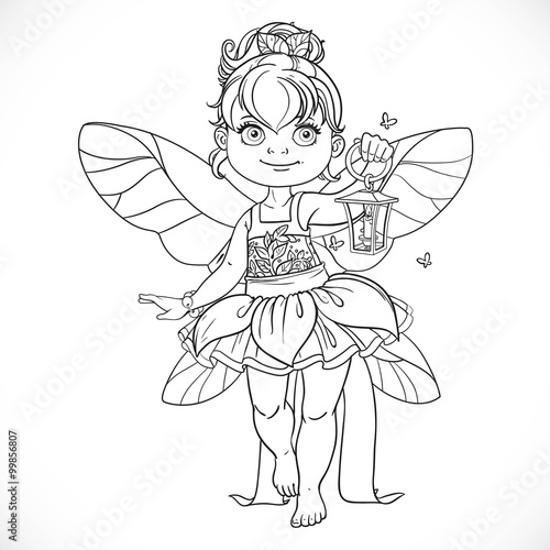 Beautiful little fairy with a flashlight outlined isolated on a