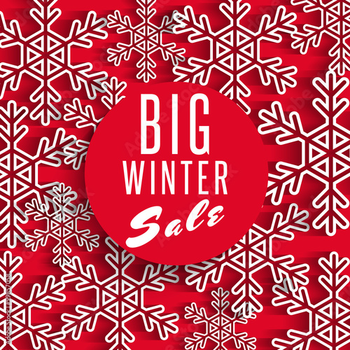 Big winter sale poster red background  discount advertising promotion stock shop banner  white snowflake decoration  mockup design element