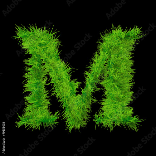 Conceptual green grass 3D font isoalted on black