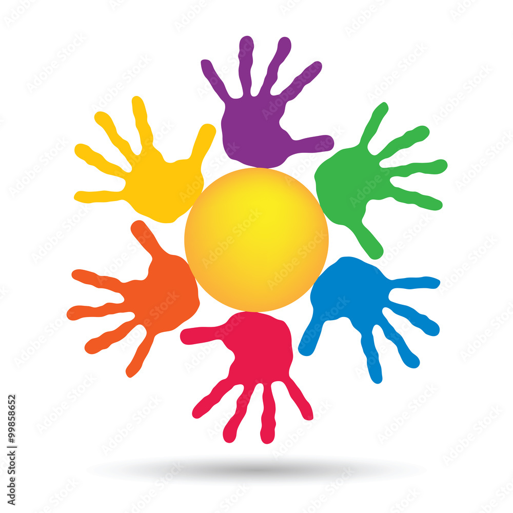 Concept circle of hands, yellow sun symbol Concept circle of hands, yellow sun symbol
