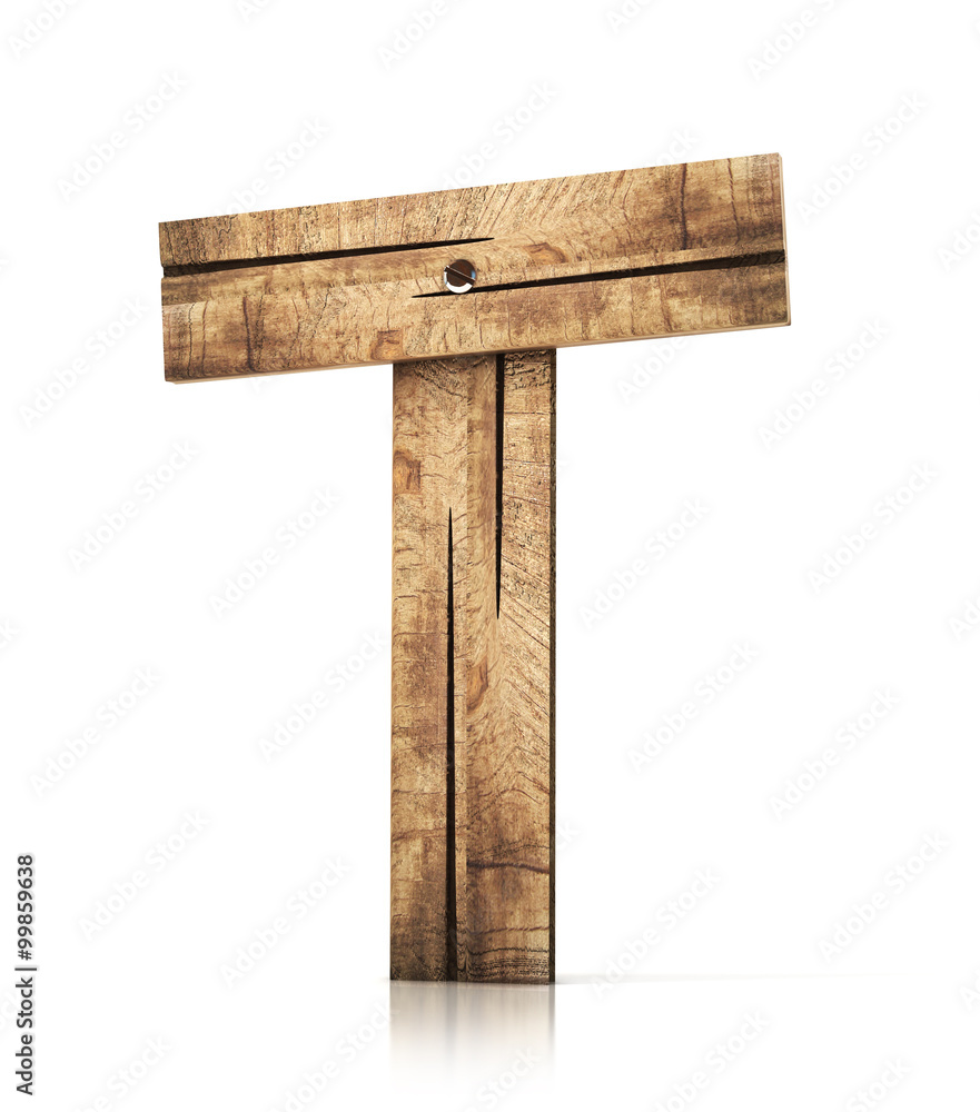 Fototapeta premium Single wooden T letter isolated on the white background. 3d illustration. wooden font.