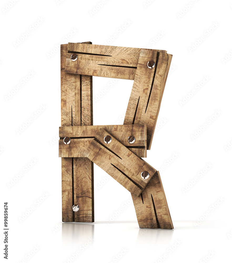 Single wooden R letter isolated on the white background. 3d illustration. wooden font. Single wooden R letter isolated on the white background. 3d illustration. wooden font.