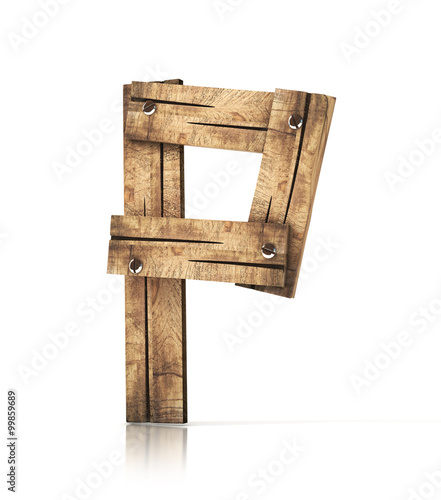 Single wooden P letter isolated on the white background. 3d illustration. wooden font.