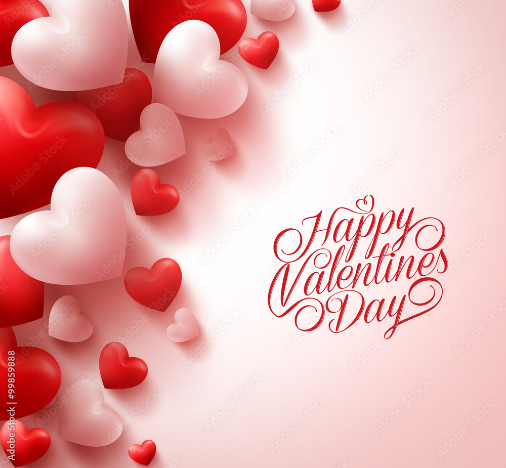 3D Realistic Red Hearts and Sweet Happy Valentines Day Title Text in White Background with Space. Vector Illustration
