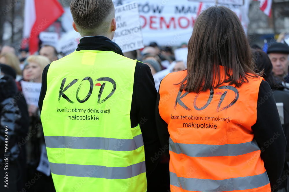 The demonstration of the Committee of the Defence of the Democracy KOD for free media /wolne media/ and democracy against PIS government. Cracow , Poland The demonstration of the Committee of the Defence of the Democracy KOD for free media /wolne media/ and democracy against PIS government. Cracow , Poland