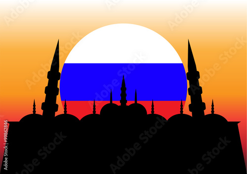Российский флаг на фоне заката с мечететью