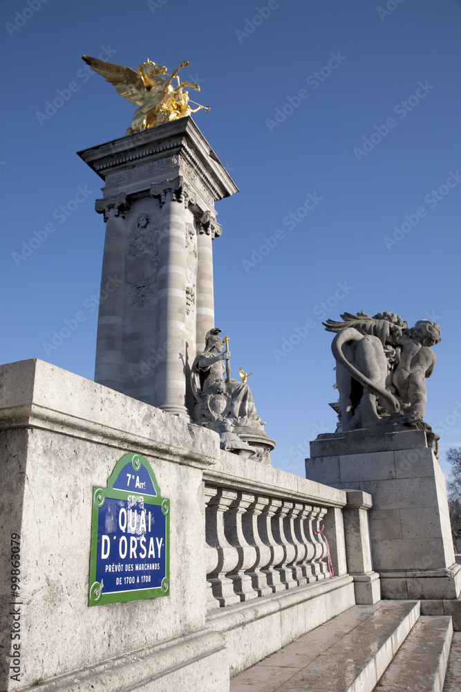 Entrance to Alexandre III Bridge on Quai Orsay, Paris, France