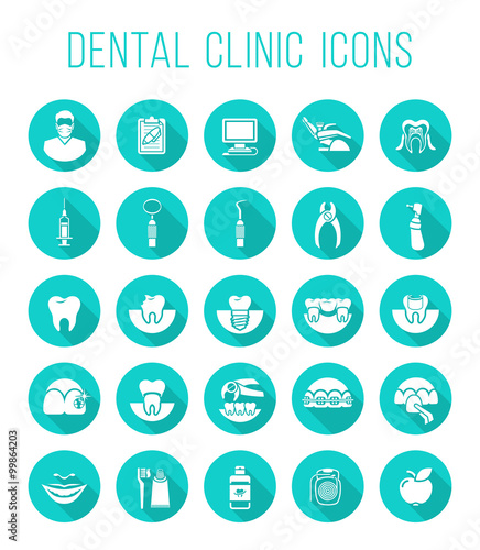 Set of modern flat vector conceptual icons of dental clinic services, stomatology, dentistry, orthodontics, oral health care and hygiene, tooth restoration, dental instruments and tools