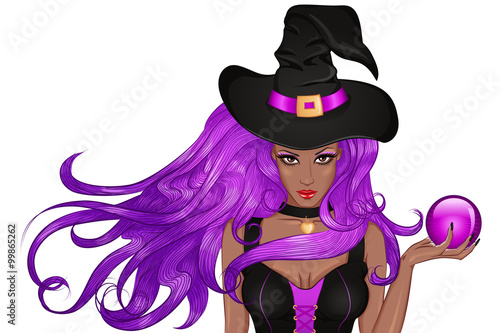 Young african witch in hat with magic ball in hand