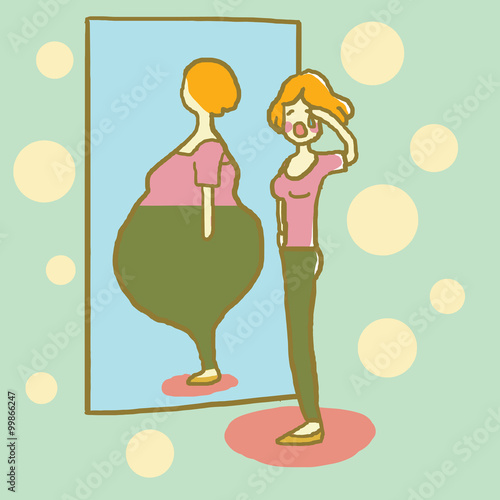 Woman Unhappy with Her Figure. Fat and Thin Diet Concept. Vector Illustration
