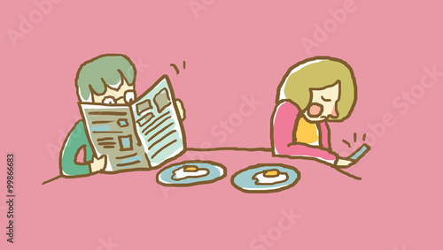  Man Reading a Newspaper, Woman Looking at Smart phone on Family Breakfast. Vector Illustration