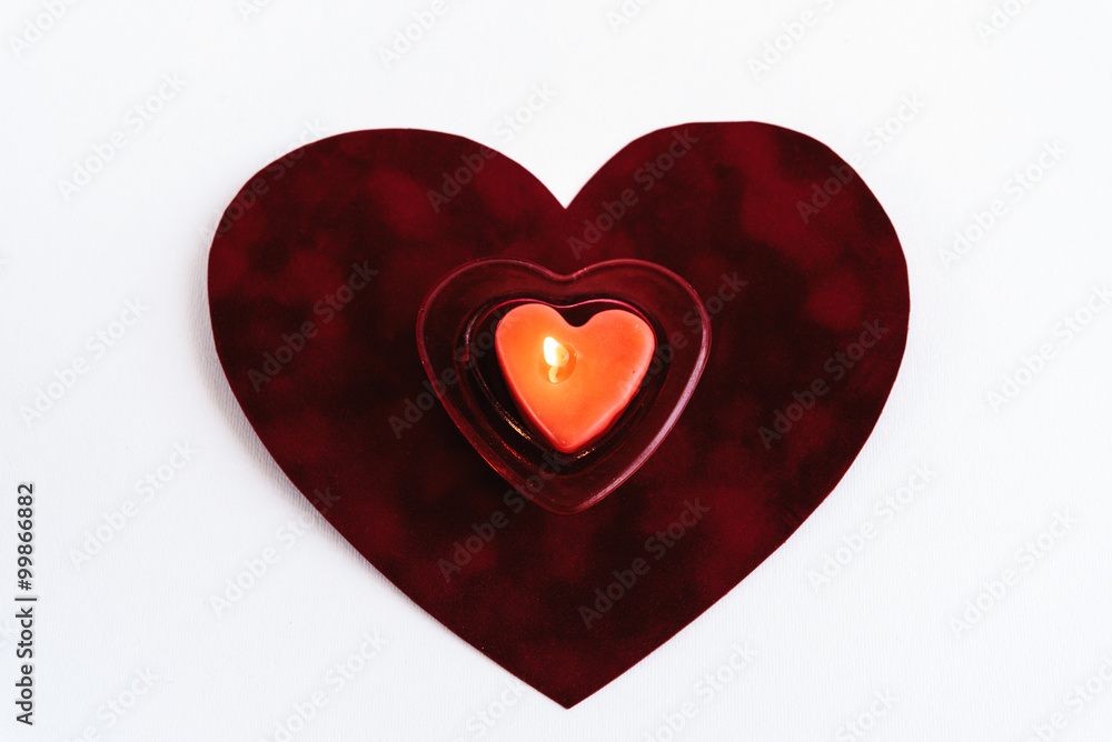 heart red candle on velvet isolated on white background, valenti