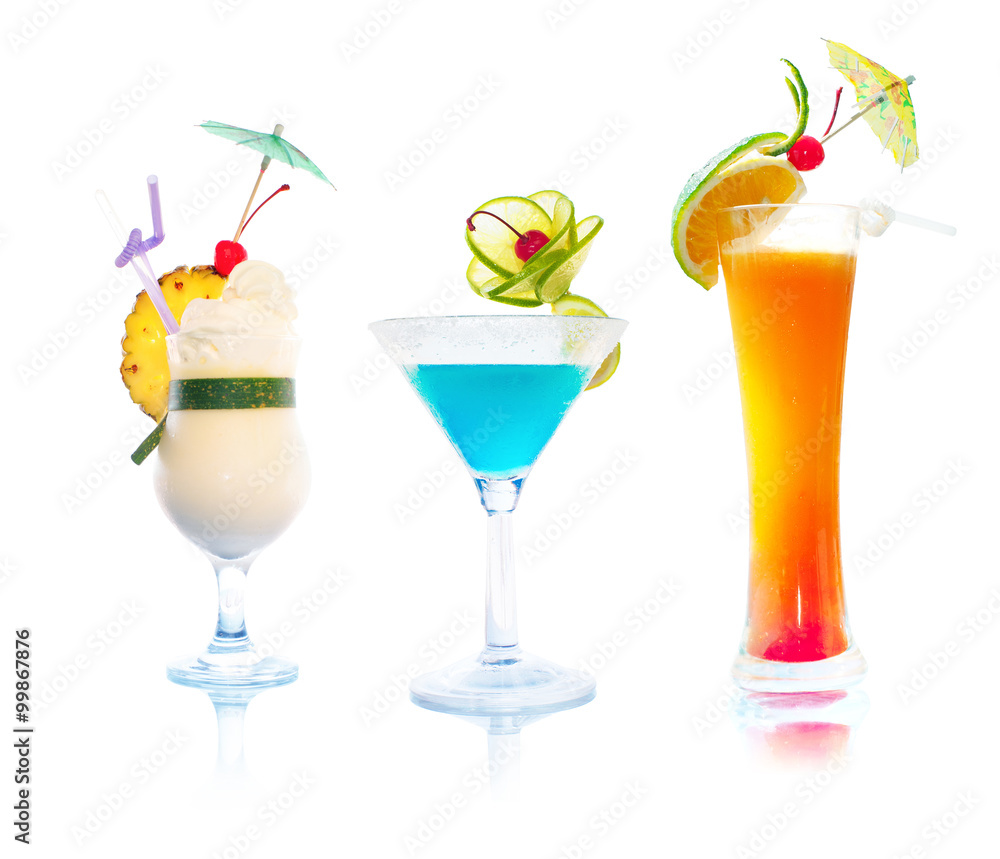 Cocktails isolated on white. Pina colada, Margarita and Tequila Sunrise Cocktails isolated on white. Pina colada, Margarita and Tequila Sunrise