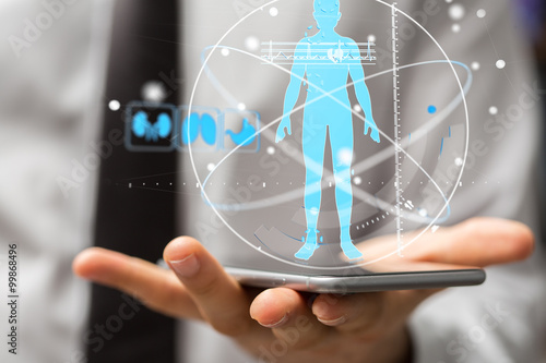 human check  - Medicine doctor and stethoscope in hand touching icon medical network connection with modern virtual screen interface, medical technology network concept photo