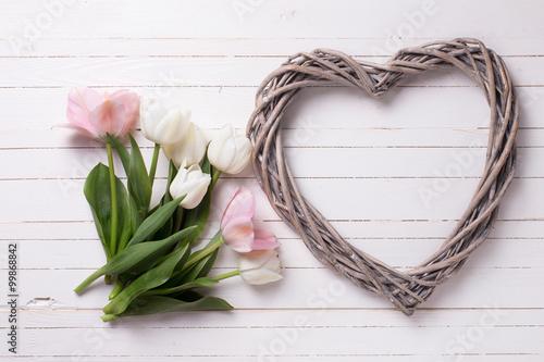 Fresh  spring white and pink tulips flowers and decorative heart