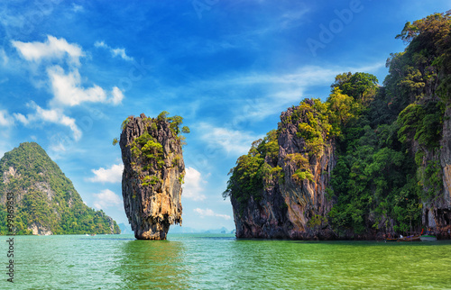 Mountains and cliffs in sea water of Thailand. James Bond island landmark 
