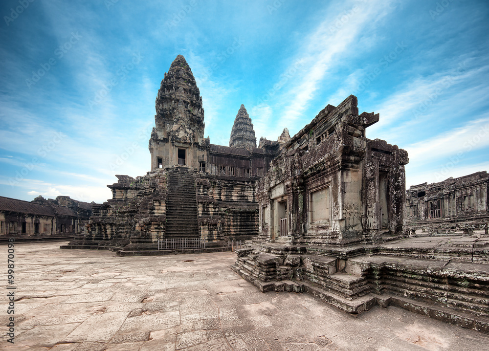 Blue sky with clouds over Angkor Wat temple in Cambodia