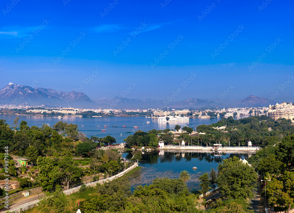Panoramic Udaipur city view with lake and blue sky