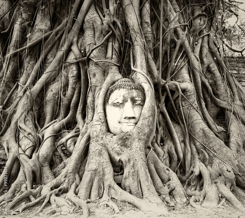 Foto Buddha head in tree roots in Wat Mahathat, Ayutthaya, Thailand