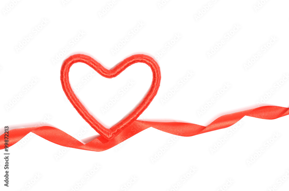 Decorative heart and ribbon on white. Top view, copy space. Valentines day concept
