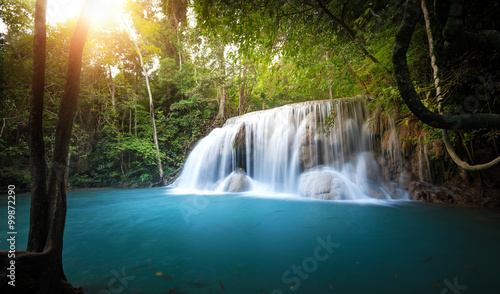 Sunlight shines through trees and leaves of tropical forest and waterfall flows into blue water pond