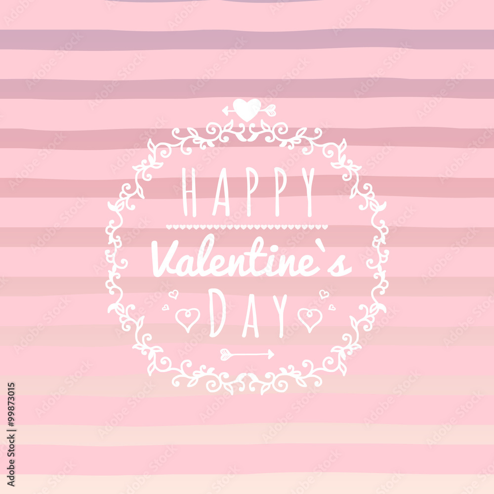 Happy Valentine`s day card with hand-drawn elements, heart, ribbon, arrow, stripe. Cute Typography vector