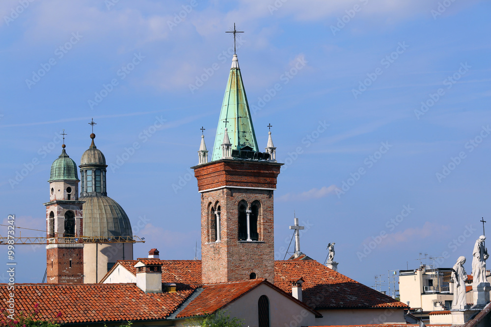 bell towers and roofs and statue of the Vicenza city in Italy