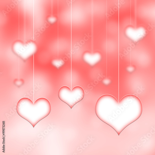 Lovely white red hearts hang on thin white ropes on blurred red bokeh background. Conceptual valentine day copy space illustration.
