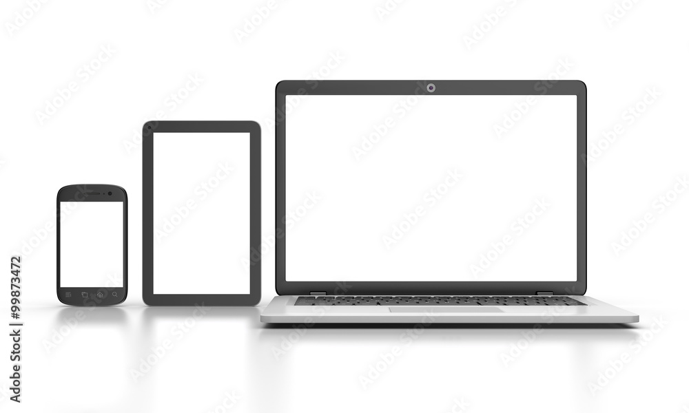 Laptop, tablet, smartphone, isolated on white. Laptop, tablet, smartphone, isolated on white.