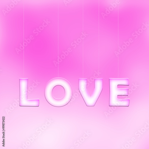 Lovely white pink love word letters hang on thin ropes on bright blurred pink bokeh background. Conceptual valentine day copy space illustration.