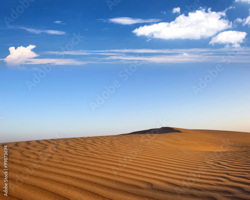 Beautiful evening landscape of desert with brown rippled sand and blue sky with white clouds
