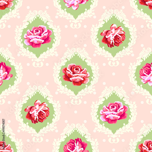 Vintage floral grandmillenial damask pattern with pink roses. Decorative  ornate lace circles in polka dot pastel pink background. Shabby chic style