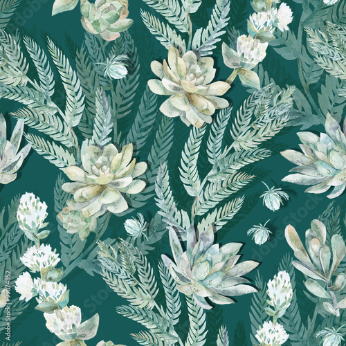 Floral seamless pattern. Succulents, ferns, thorns. 