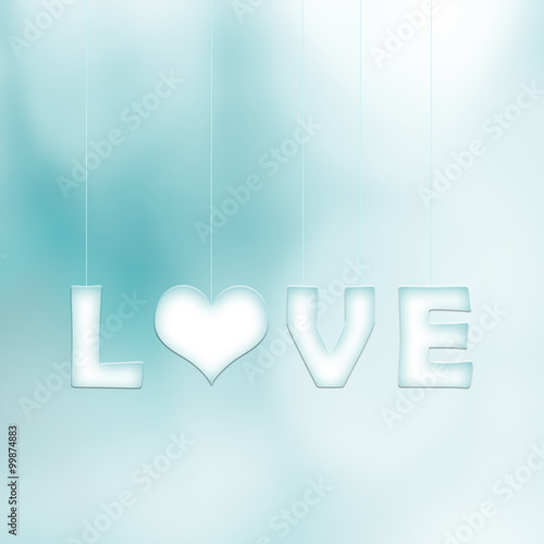 Lovely white cyan love word letters with heart symbol hang on thin ropes on blurred cyan bokeh background. Conceptual valentine day copy space illustration.