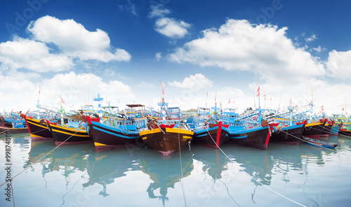 Panoramic view of boats in Phan Tiet in Vietnam, Binh Thuan province photo