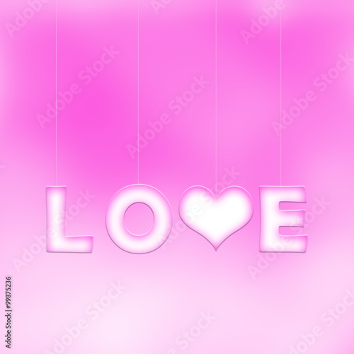 Lovely white pink love word letters with heart symbol hang on thin ropes on blurred pink bokeh background. Conceptual valentine day copy space illustration.
