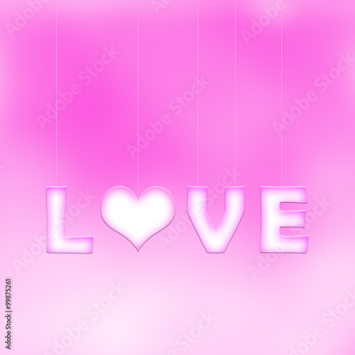 Lovely white purple love word letters with heart symbol hang on thin ropes on blurred purple bokeh background. Conceptual valentine day copy space illustration.