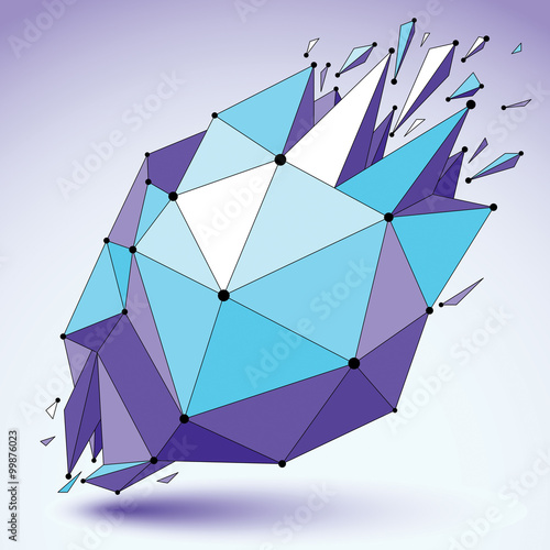 Vector dimensional blue wireframe object, demolished shape with