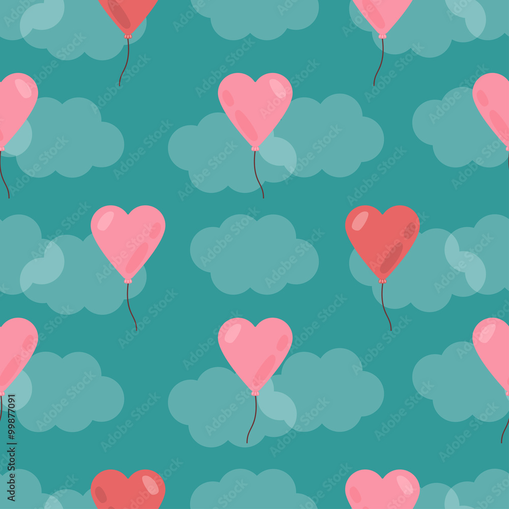 Seamless vector pattern: Heart balloons in sky with clouds