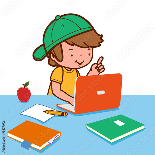 Child doing his homework on the computer. Vector illustration