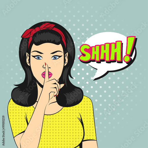 Vector pop art woman face with SHHH bubble