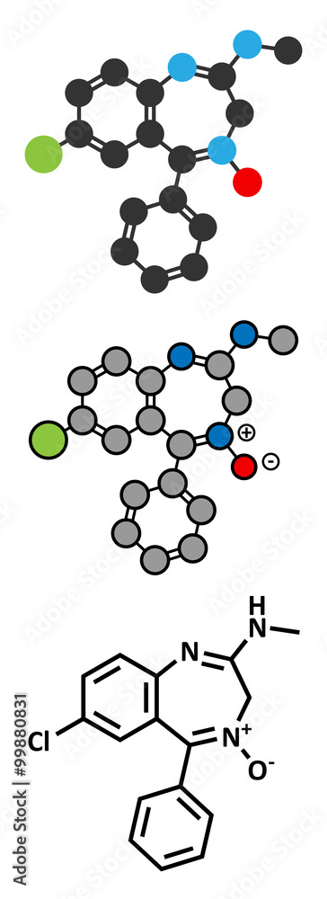 Chlordiazepoxide sedative and hypnotic drug molecule. Chlordiazepoxide sedative and hypnotic drug molecule.