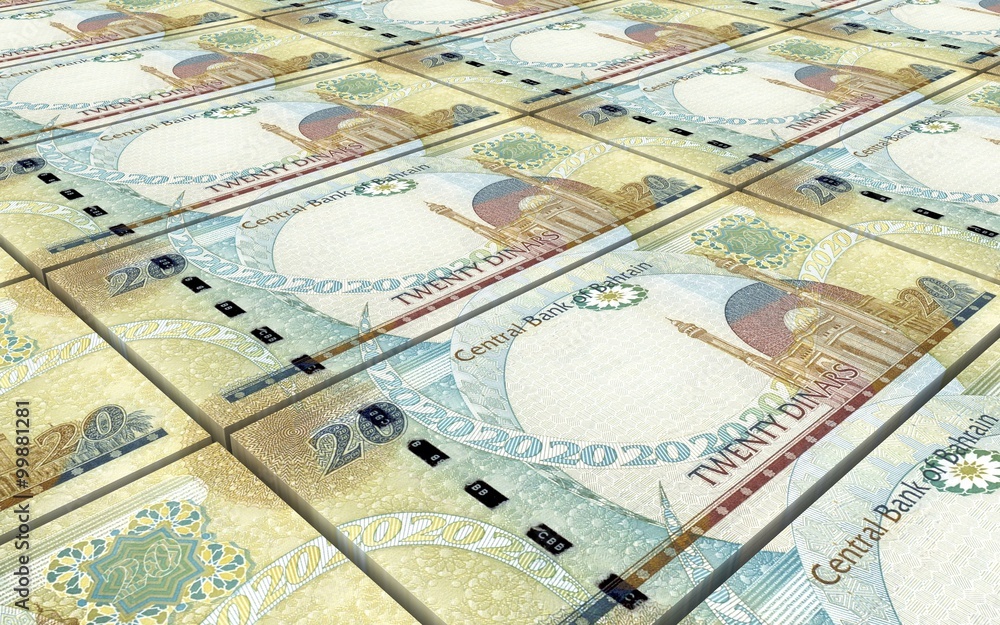 Fototapeta premium Bahraini dinar bills stacks background. Computer generated 3D photo rendering.
