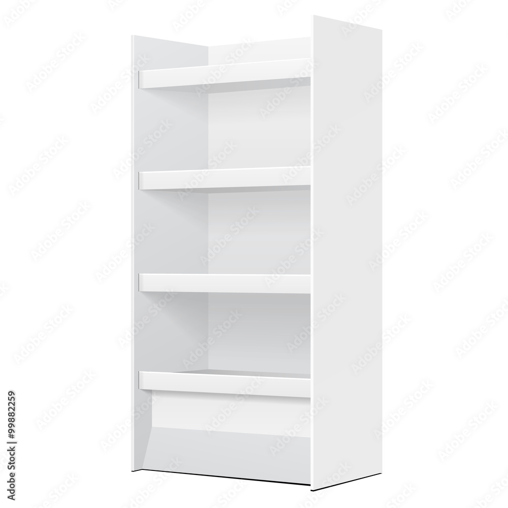 White POS POI Cardboard Floor Display Rack For Supermarket Blank Empty Displays With Shelves Products On White Background Isolated. Ready For Your Design. Product Packing. Vector EPS10 White POS POI Cardboard Floor Display Rack For Supermarket Blank Empty Displays With Shelves Products On White Background Isolated. Ready For Your Design. Product Packing. Vector EPS10