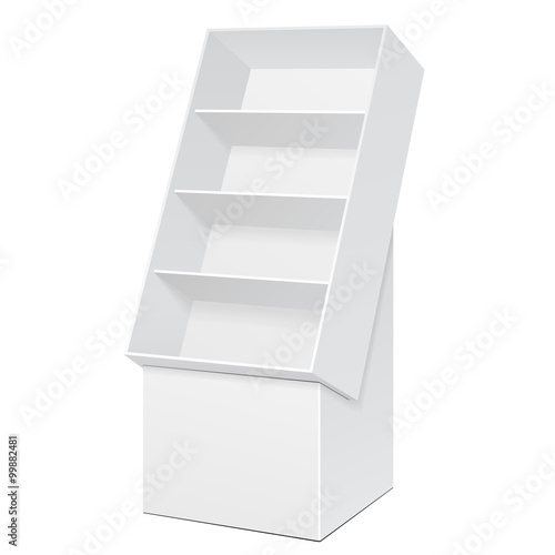 White POS POI Cardboard Floor Display Rack For Supermarket Blank Empty Displays With Shelves Products On White Background Isolated. Ready For Your Design. Product Packing. Vector EPS10 