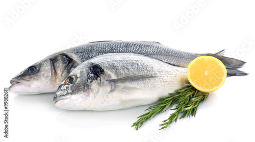 Fresh fish with lemon and rosemary isolated on white background