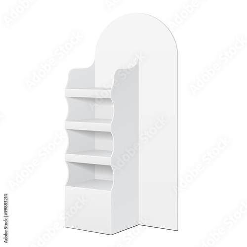 White POS POI Cardboard Floor Display Rack For Supermarket Blank Empty Displays With Shelves Products On White Background Isolated. Ready For Your Design. Product Packing. Vector EPS10 
