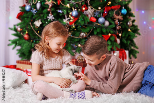 Happy children and fluffy cat in the decorated Christmas room