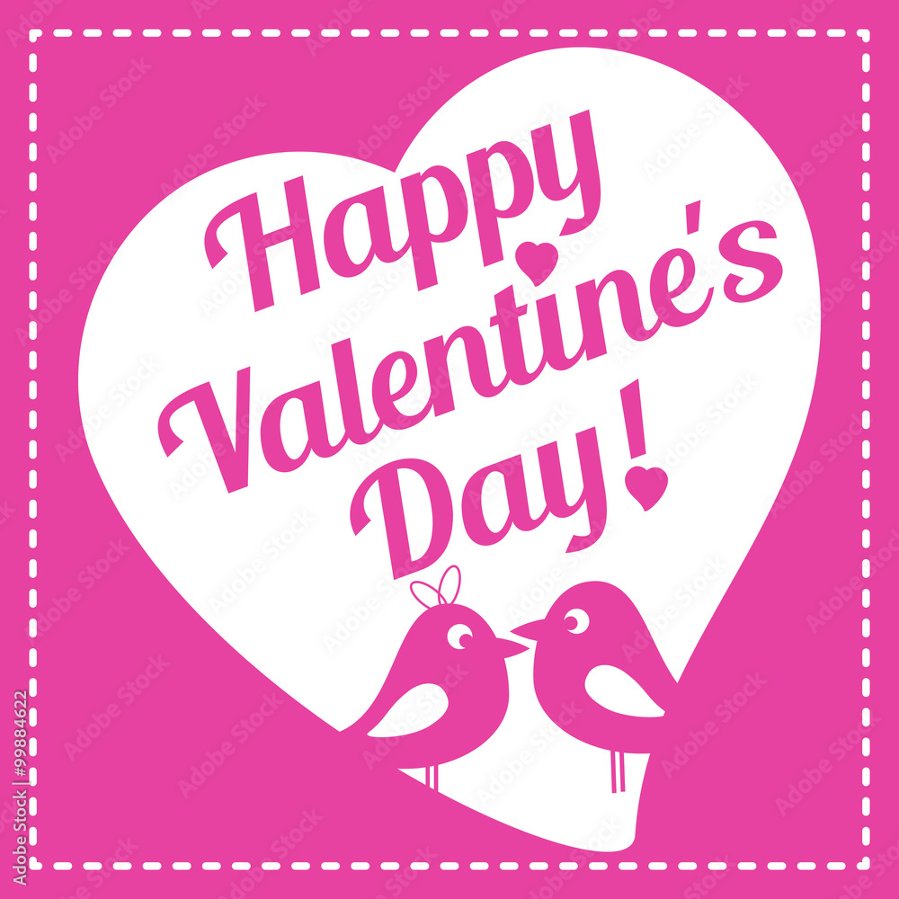 Card from simple shapes of heart, lovebirds and lettering on Valentine's day in February 14 in pink and white colors. Simple forms, no gradient fill Card from simple shapes of heart, lovebirds and lettering on Valentine's day in February 14 in pink and white colors. Simple forms, no gradient fill