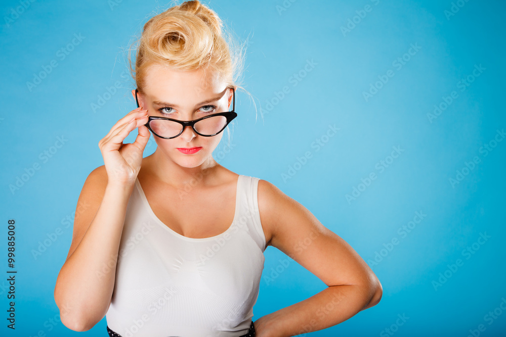 Retro pin up woman wearing eyeglasses. Retro pin up woman wearing eyeglasses.